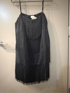 A New Day Women's L Black Fringe adjustable strap Sleeveless Shift Dress NWT